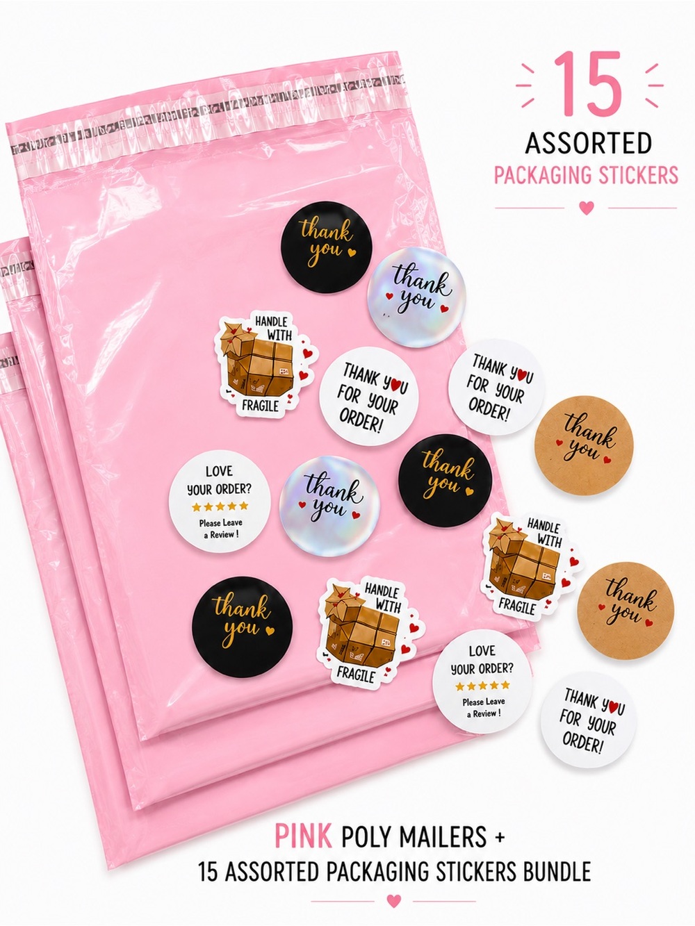 🆕 10 Pink Strong Waterproof Poly Mailers + 15 Assorted Stickers Bundle NWOT